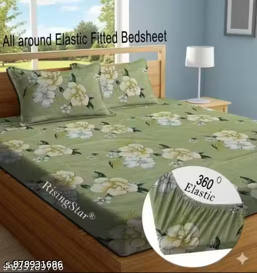 Cotton Elastic All Around Fitted King Size Double Bed Bedsheet with 2 Pillow Covers | Floral Printed Bedsheet Combo
