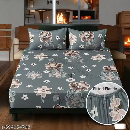 CHAHAT HOMES FITTED ELASTIC COTTON BLOSSOM SUPERFINE 1 DOUBLE BEDSHEET WITH 2 PILLOW COVERS 1+2 SET FULL SIZE 72*78+8 inches JAI GURU JI