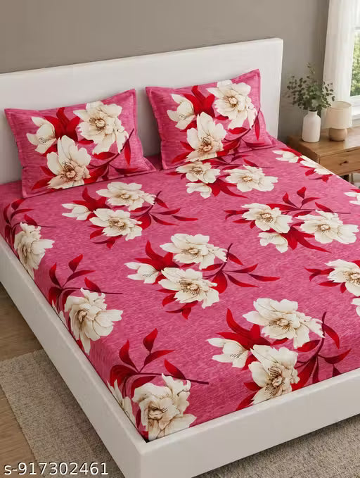 Premium Floral Double Bedsheet with 2 Pillow Covers | Soft Cotton Feel Pink Printed Bed Sheet for Bedroom