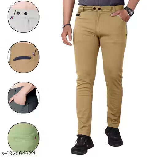 Khaki Color Branded mens Casual & Formal Pants with Back Pocket & Zipper Pockets Lycra Blends under 200