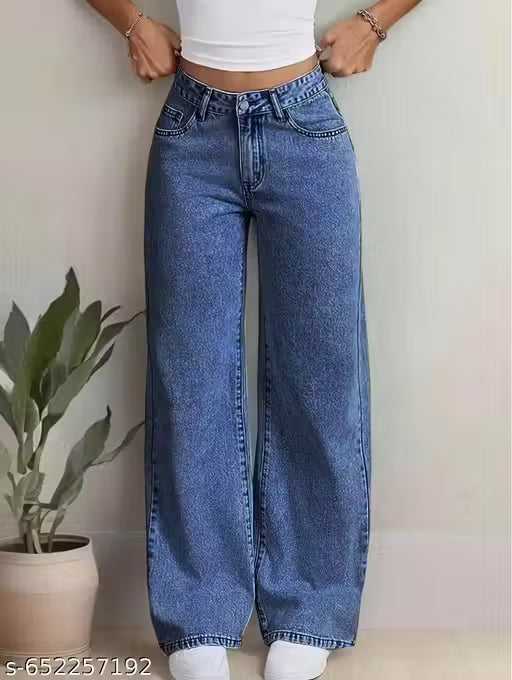 trending & stylish Straight-Fit flared blue jeans for women, wide-leg jeans