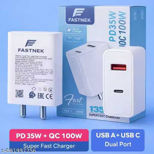 FASTNEK 100W Super Fast Charger Adapter with | type-c PD 35W 25W | Supports , SuperVOOC, | USB-C & USB-A Dual Port Mobile Charger point only adepter