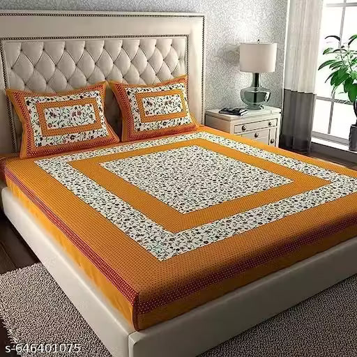 All Around Elastic Fitted Glace Cotton Printed Double Size - (82 x 92inches) & Single Size - (60x 90 inches) Bedsheet with 2 Large Pillow Covers