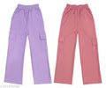 adibaba Trendy Straight-Fit Cargo Mario Pants for Kids & Girls | Stylish High-Waist Casual Wear with Pockets | Comfortable & Versatile Bottoms for Fashion | Pack of 2, Purple, Peach
