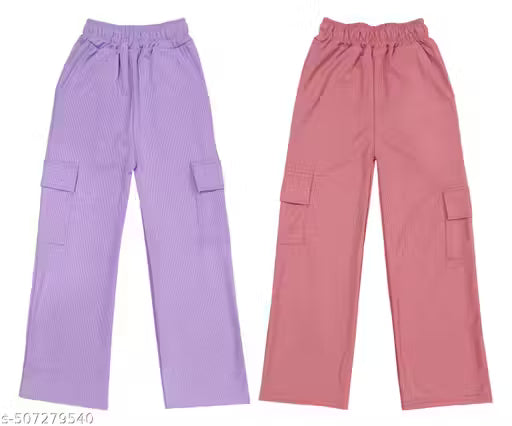 adibaba Trendy Straight-Fit Cargo Mario Pants for Kids & Girls | Stylish High-Waist Casual Wear with Pockets | Comfortable & Versatile Bottoms for Fashion | Pack of 2, Purple, Peach