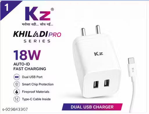 KZ Khiladi Pro 21W Fast Charger with Type-C Cable | Dual USB Mobile Charger Adapter | Auto-ID Fast Charging | Smart Chip Protection