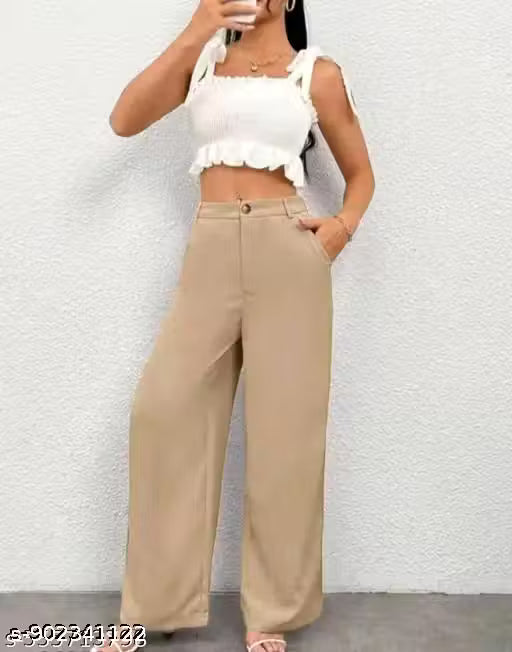 Women's High Waist Wide Leg Beige Trousers,