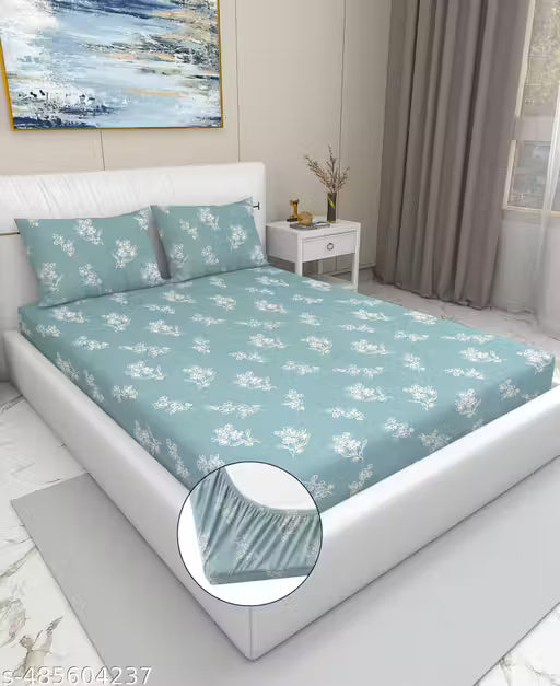 DOUBLE BED COTTON FEEL GLACE COTTON ALL AROUND ELASTIC FITTED BEDSHEET WITH 2 PILLOW COVERS