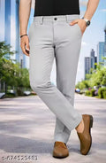 Men Slim Fit Stretch Trouser | Silver Lycra Blend Office Wear Pant
