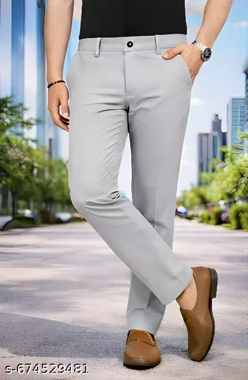 Men Slim Fit Stretch Trouser | Silver Lycra Blend Office Wear Pant