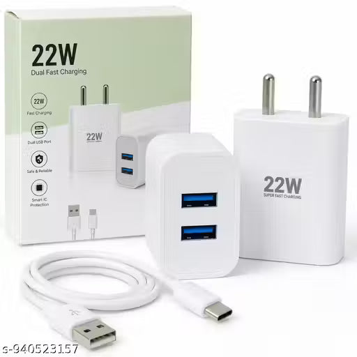 22W Dual USB Fast Charger with Type C Cable for Android Mobile