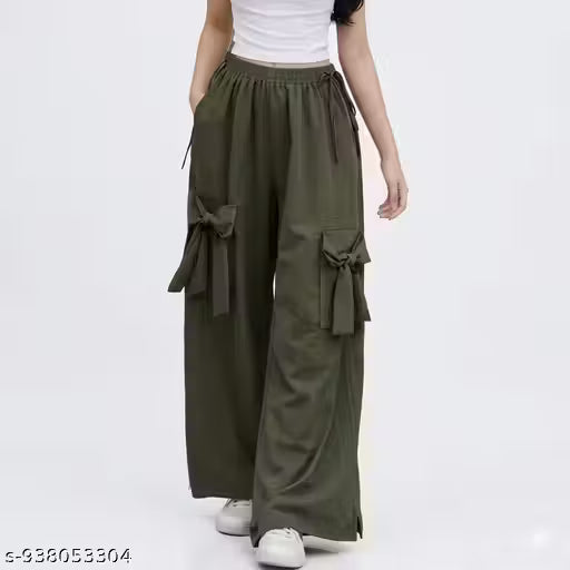 Women’s Grey Wide Leg Pants with Bow Pocket Detail