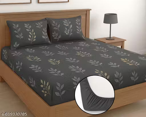 N.S 250 TC Fitted Elastic Bedsheet with 2 Pillow Covers All Around Elastic Fitted Double Bedsheet with 2 Pillow Covers-72x76x6 Inches-Fitted Bedsheet