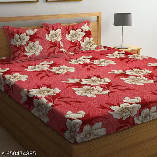 Bed Bedsheet with 2 Pillow Covers | 170 TC Glace Cotton | Floral Print Design | Soft & Durable Fabric – Red & Cream | 90x100 Inches (7.5x8.5 Feet)