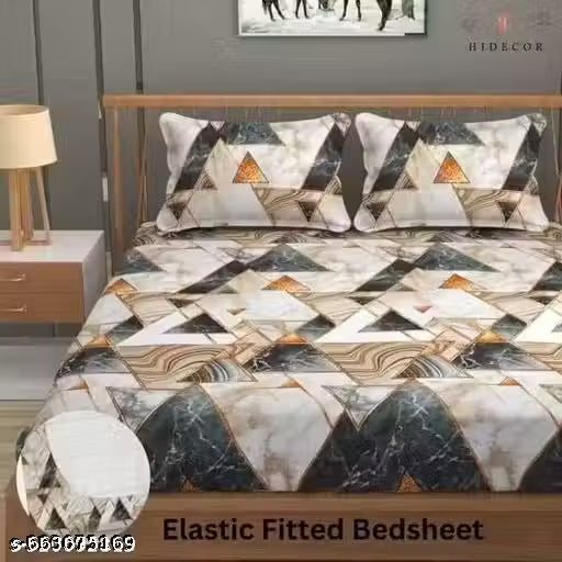 Attractive fitted double bedsheet with 2 large pillow covers.
