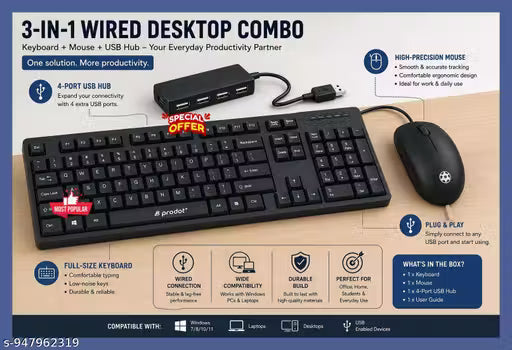 3 IN 1 COMBO WITH KEYBOARD , USB MOUSE , USB HUB.