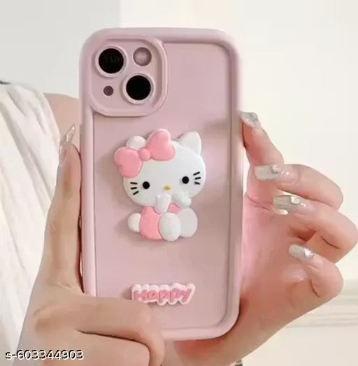 BHAAVYA iPhone 15 Back Case Cover | Cute 3D Kitty | Happy Kitty Camera Protection | Shockproof Silicone Case Cover For iPhone 15 - Pink