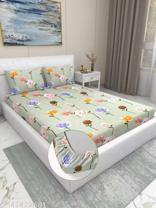 DOUBLE BED COTTON FEEL GLACE COTTON ALL AROUND ELASTIC FITTED BEDSHEET WITH 2 PILLOW COVERS
