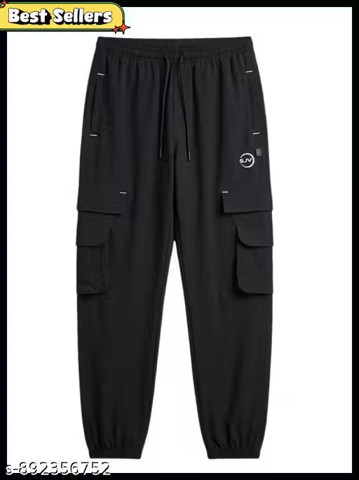SJV Premium Men’s Lycra Solid Black Cargo Track Pants with Multi-Pockets