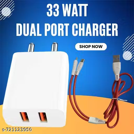 33 Watt Dual Port Charger, Fast Charging, Dual Port Fast Charger, Type-C & Micro Usb Charger, Charger for Mobile with Detachable Red & White Cable, 1 Meter Cable Type-C & Micro Usb Cable Included.