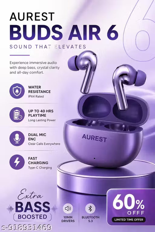 AUREST Buds Pro 3 | True Wireless Bluetooth Earbuds, Bluetooth Earphone with Advanced ENC, IP55 Water Resistance, Fast Pairing, Smart Touch Control & Premium Design