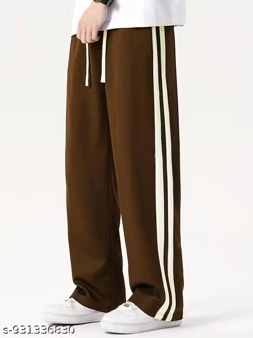 Men’s Wide Leg Track Pants with Double Side Stripe | Loose Fit Casual Joggers | Elastic Waist Drawstring Sports Lower