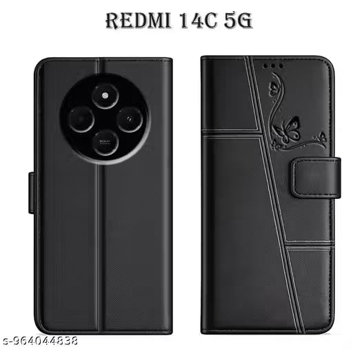 Flip Cover for Redmi 14c 5G Aesthetic Butterfly & Flower Print Back Cover | Redmi 14c 5G Unique Laser Marking Designer Mobile Back Cover