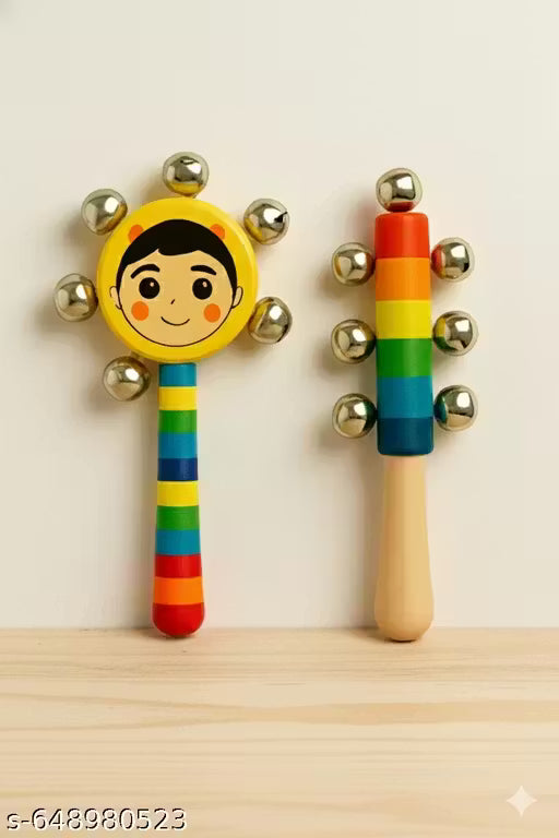 Premium Wood Jingle Hand Bell Rattle Toys for Newborns & Toddlers - Safe, Non-Toxic 2 Piece