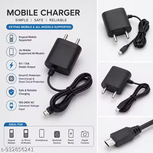 Universal V8 Charger for Keypad & Jio Phones | Micro USB Type-B Fast Charging Adapter for Basic Mobile Phones