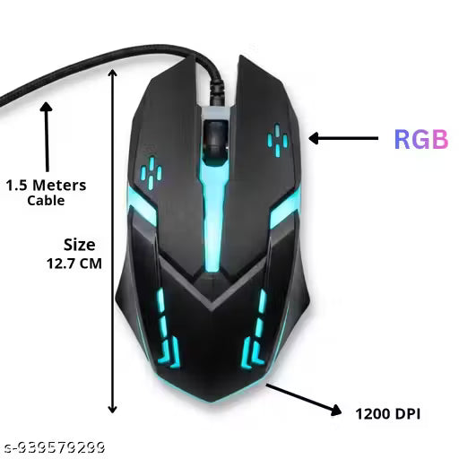 Wired Gaming Mouse with Red LED Backlight and Durable Braided Cable for PC/Laptop