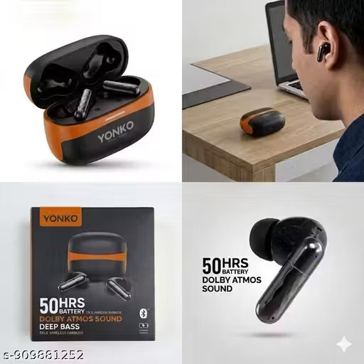 YONKO Black Orange Bluetooth Wireless Earbuds | TWS Earphones with 50Hrs Battery, Deep Bass Sound, Fast Charging Case