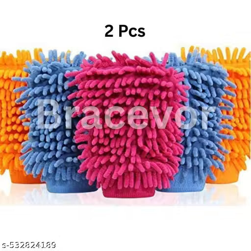 2 PCS Double Sided Microfiber Wash Mitt Hand Gloves, Dust Cleaner Vehicle Washing Multipurpose House Car Glass LCD Cleaning, (MULTI Color)