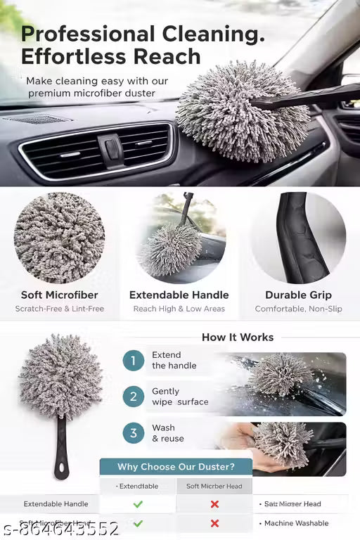 Premium Microfiber Car Duster with Extendable Long Handle - Washable & Scratch-Free Cleaning Brush for Home & Vehicle Interior/Exterior