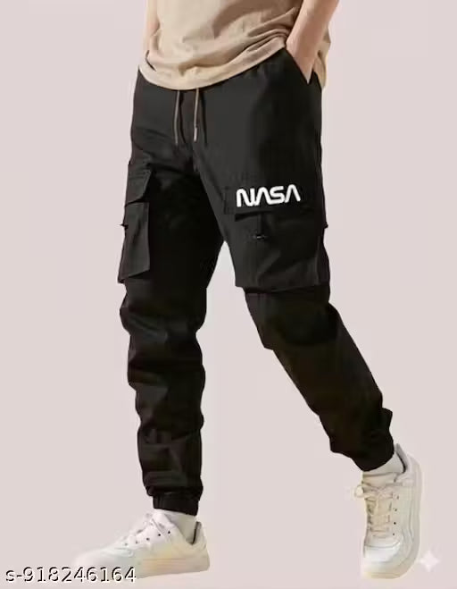 Black NASA Print 4-Way Lycra Joggers – Classic 4-Pocket Stretchable Track Pants