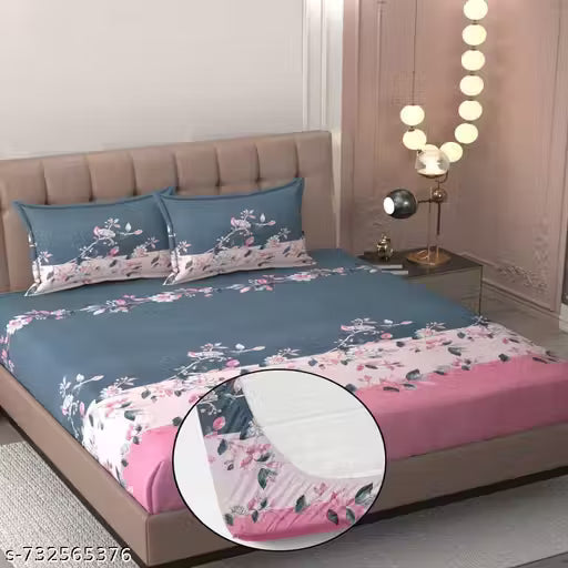 Click Cart Prime Collection Glace Cotton 200TC King Size Elastic Fitted Double Bedsheet with 2 Matching Pillow Covers (Size 78x72 Inch)
