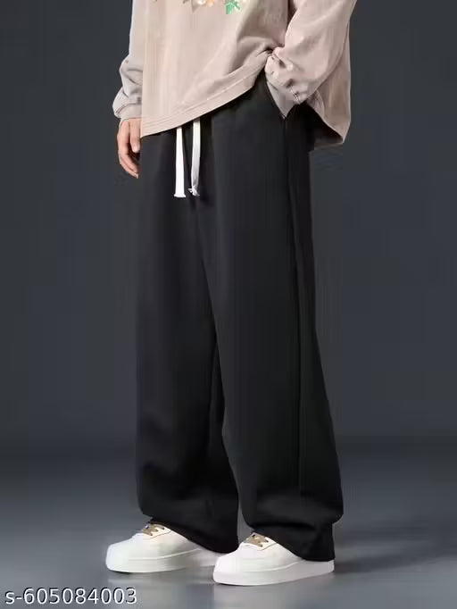 Men’s BLACK Relaxed Fit Cotton Trousers | Casual Drawstring Lounge Pants
