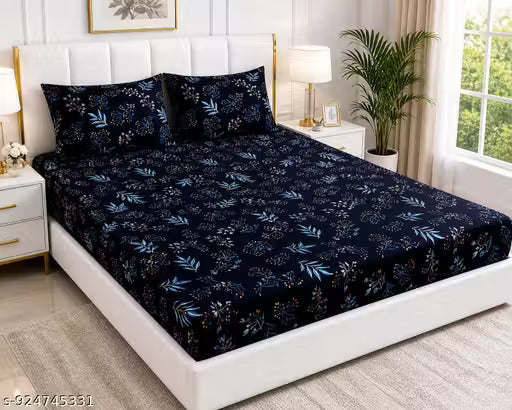Elastic Fitted Bedsheet with 2 Pillow Covers | Double Bed 72x78 Inches | Soft Breathable Floral Design | Dark Blue Bedsheet Set