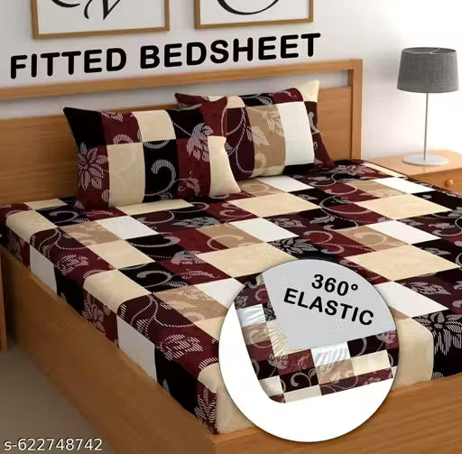 Super Soft Glace Cotton All Round Elastic Fitted Double Bed Bedsheet with 2 Pillow Covers-72x78x8 Inches-fiteed_Double