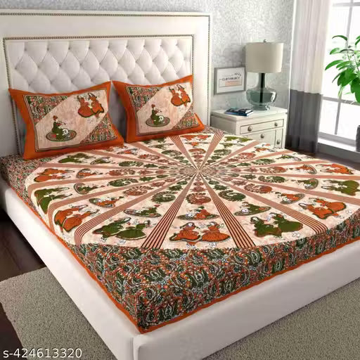 100% Cotton Rajasthani Jaipuri Double bed Size #Bedsheets Set of 1 Double #Bedsheets with 2 Pillow Covers (Multicolour) - 180 TC
