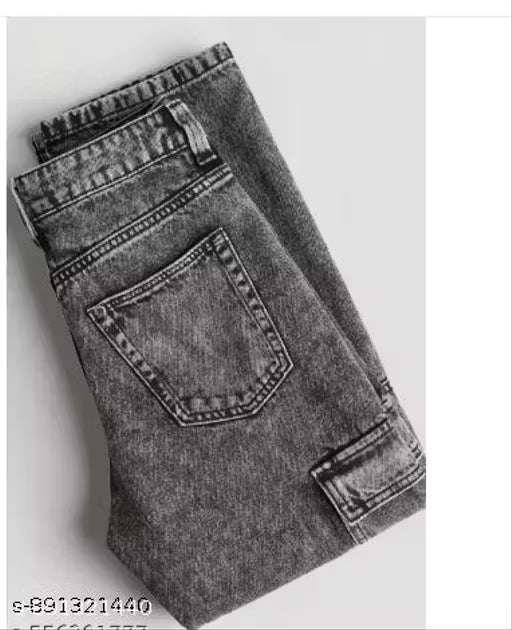 Regular Fit Washed Denim Cargo Jeans with 6 Pockets Stretchable