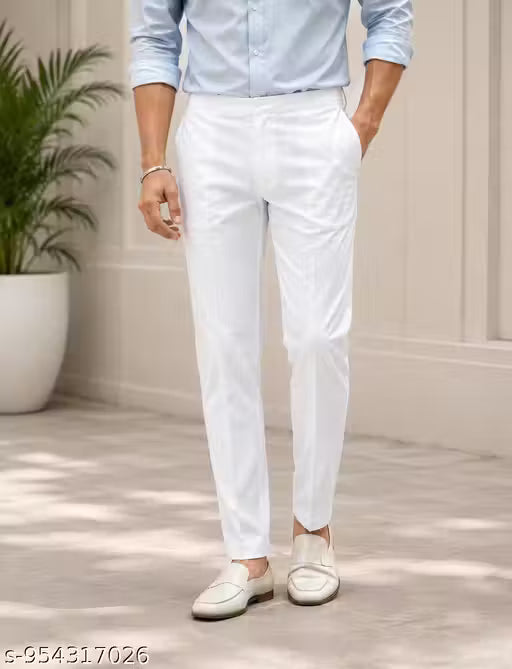 Men Regular Fit White Cotton Blend Trousers Pant