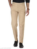 Men Regular Fit Beige Cotton Blend Trousers| FORMAL TROUSER CREAM BEIGE