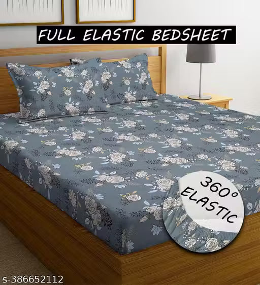 Blue Strip Fitted (Elastic) Cotton Double Bedsheet Set with 2 pillow covers (Bedsheet Size 78x72+10) (Pillow Size 28x18)