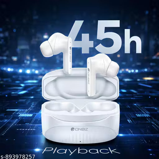 ONBIZ Stylish & Prmium True Wireless Earbuds, Bluetooth 5.4, 45 Hour Playback, 10mm Drivers, Type-C Charging, White