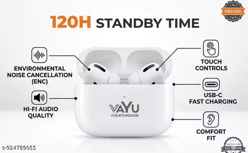 VAYU Buds Pro ENC Wireless Earbuds with 120H Standby Time, Touch Controls, USB-C Fast Charging, Hi-Fi Audio Quality,