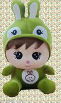 Stuffed character doll with bunny cap for kids green color