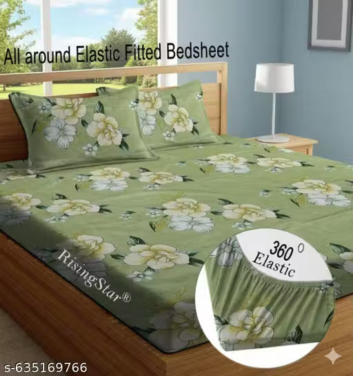 Super Soft Glace Cotton All Round Elastic Fitted Double Bed Bedsheet with 2 Pillow Covers-72x78x8 Inches-fiteed_Double