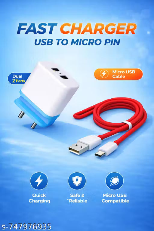 3.4A Dual USB Fast Charger with Micro USB Cable | 2 Port Mobile Wall Charger Adapter | Fast Charging Travel Charger for All Smartphones(V8 Red Cable included)