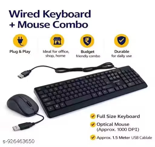 Premium Wired USB Keyboard and Mouse Combo for PC & Laptop | Full Size Desktop Keyboard with Optical Mouse Set (Black)
