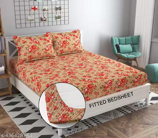 3D Printed Elastic Fitted Double Bedsheet with Two Pillow Covers (Size of Bedsheet:: 72X78 inches and Size of Pillow Covers:: 17X27 inches)